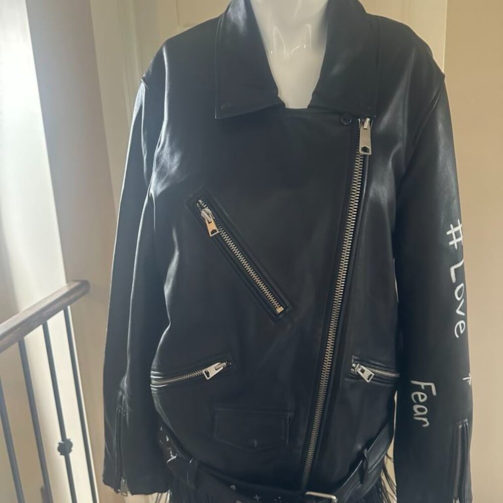 ALL SAINTS OVERSIZED LEATHER MOTORCYCLE JACKET WITH GRAFITTI